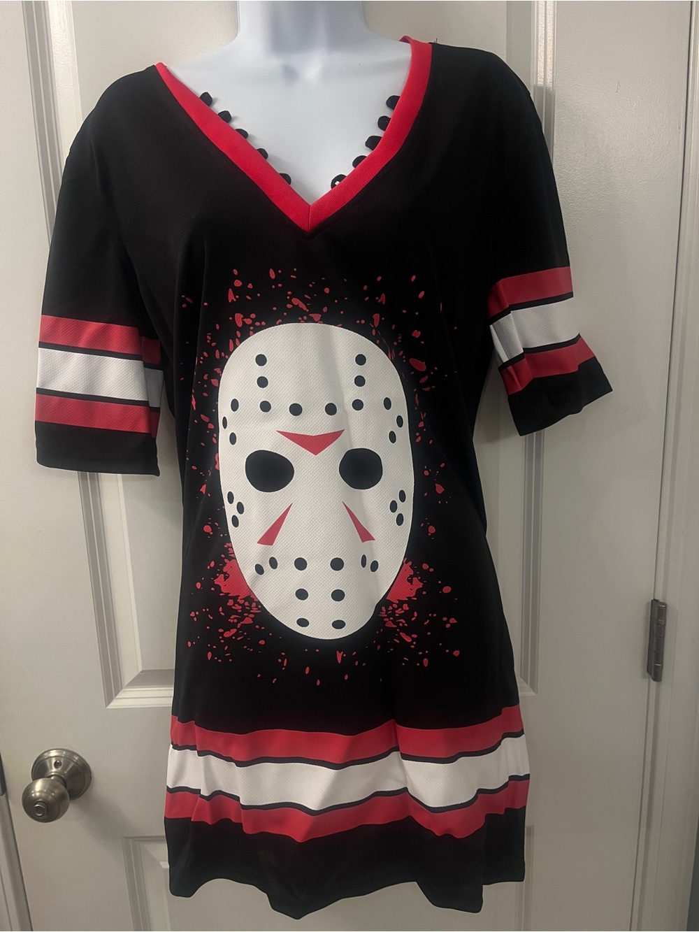 Hockey Mask Graphic V-Neck Tunic Dress in Black and Red